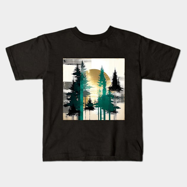 Sunlit Sentinels Rustic Pine Trees Abstract Kids T-Shirt by The Art Mage